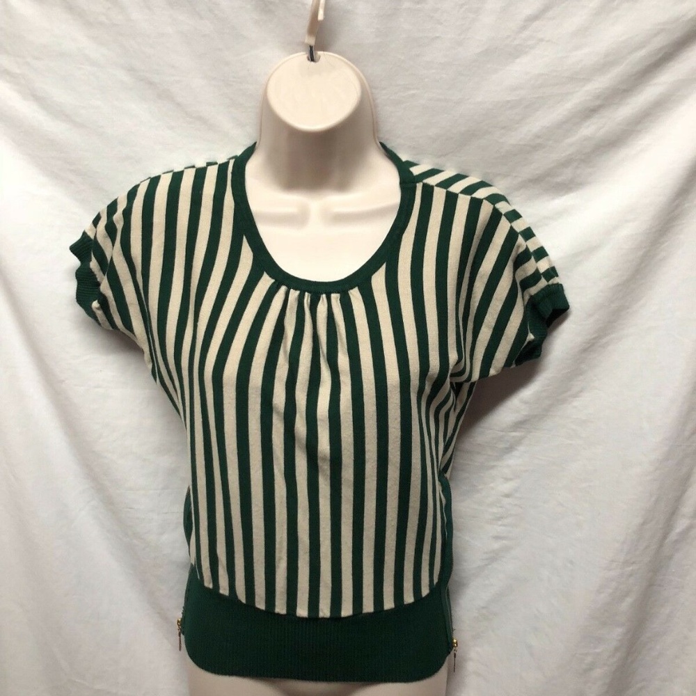 Queen Womens Sz S Green Striped Sweater with Tan s